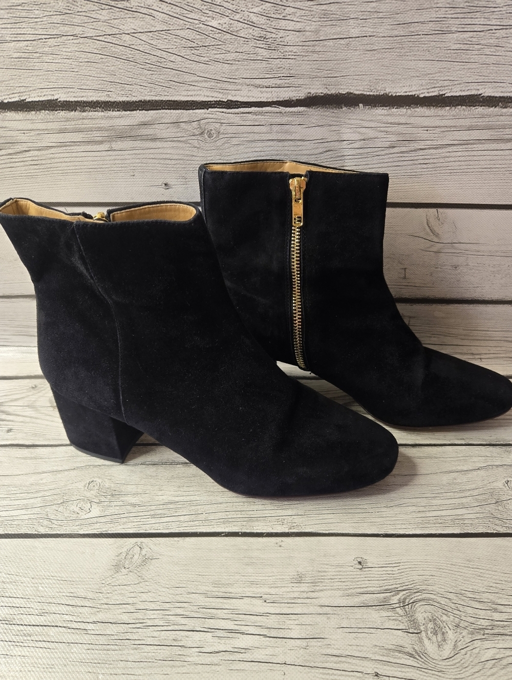 J.Crew Black Suede Ankle Boots Gold Zip Block Heel Size 9.5